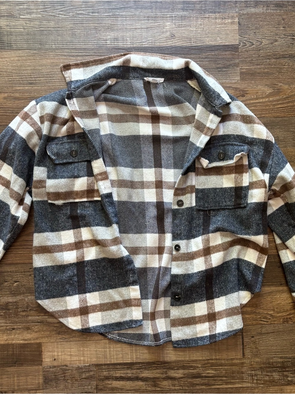 Plaid Button-Front Shacket in Brown, Cream & Gray